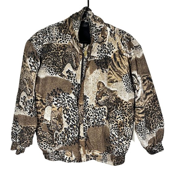 Fuda Jackets & Blazers - Retro Silk Animal Print M Bomber Jacket Black Leopard Safari Neutral Classic 90s